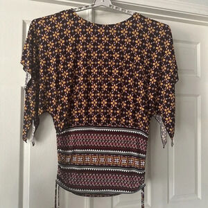 Womens Floral Tunic Top Large Studded Batwing Sleeve Stretch Boho Shirred Sequin